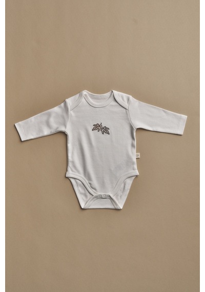 Yaprak Nakışlı Uzun Kollu Çıtçıtlı Bebek Body Krem