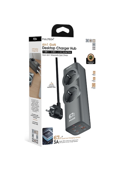 Fulltech Fc54 67w Gan Masaüstü Şarj İstasyonu 3x Usb-c + Usb-a + 2 Prizli Power Strip Laptop Hız 2 m