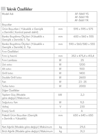 Vestel AF 5661 YB 70 L Ankastre Fırın