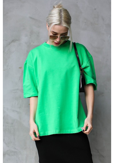 Madmext Yeşil Bisiklet Yaka Basic Oversize T-shirt Mg1687-yeşil Yeşil