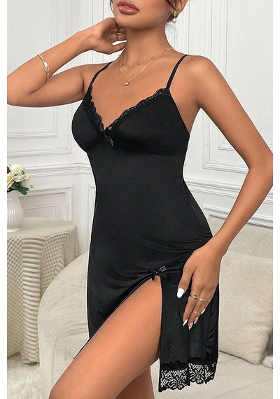 Ang Butik Kadın Siyah Dantelli Fiyonklu Ve Yırtmaçlı Şık Gecelik
