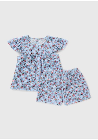 Lupinn Moda Mavi Çiçek Desenli Kız Çocuk 2'li Yazlık Takım Bebe Mavisi