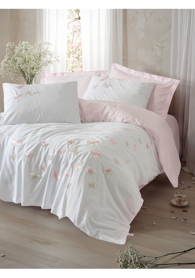 Cotton Box 3d Nakışlı Saten Çift Kişilik Nevresim Takımı Charming Pudra Pudra