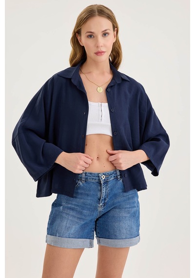 Vitrin Düşük Omuz Oversize Crop Gömlek Lacivert