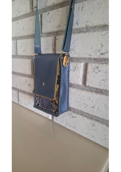 Mavi Metalik Ve Yılan Derisi Mini El Yapımı Çantası Metalik Mavi