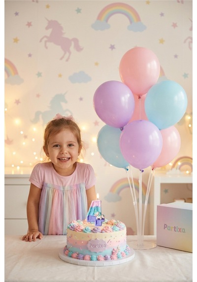 Unicorn Temalı Pastel Rakam Mum Ve Balon Standı Seti - Kız Çocuk Doğum Günü Parti Süsleri 0-9 Yaş 3 - 7 25582676