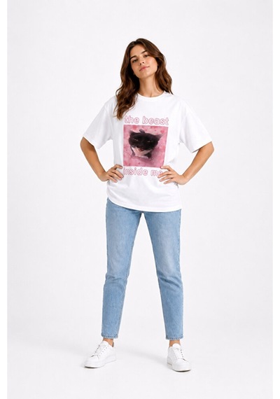Nevermind The Beast Inside Me Baskılı Unisex Oversize Tişört Siyah Kedi Gra Beyaz