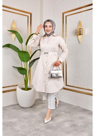 Harman Butik Kemerli Çizgili Keten Gömlek Bej Bej