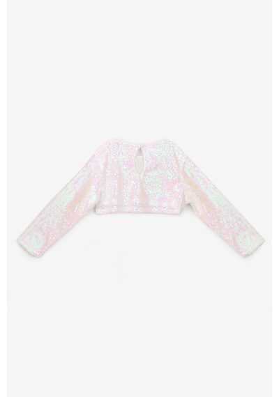 Le Mabelle Beyaz Uzun Kollu Pullu Kız Çocuk Crop Bluz Beyaz