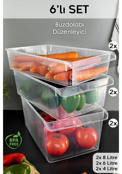 6'lı Buzdolabı Düzenleyici Set - Dolap İçi Organizer Sepet Meyve Sebze Saklama Kabı 2x 4-6-8 Lt Şeffaf