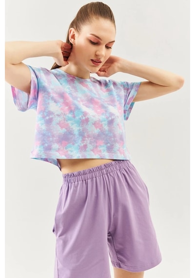 Kadın Rahat %100 Pamuklu Penye Bisiklet Yaka Kısa Kol Basic Crop T-shirt Batik Aqua