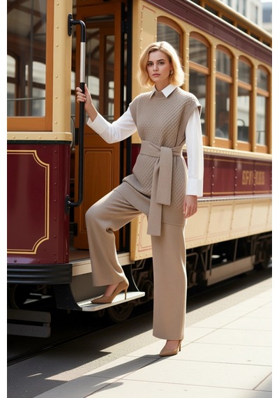 Frm Kadın Moda Şık Geniş Paça Kolsuz Kuşaklı Pirinç Örgü Süveter-pant Vizon