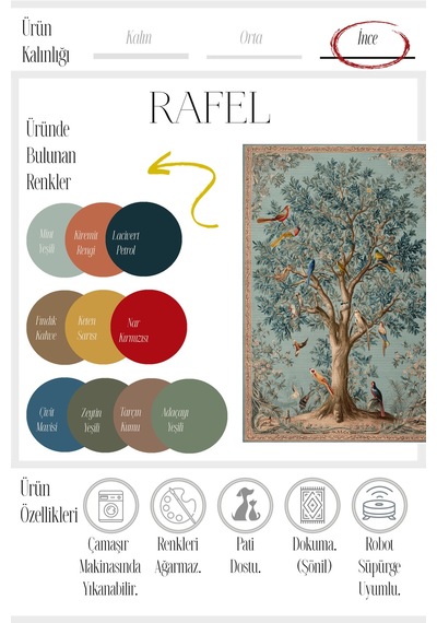 Rafel 902 Mavi Yeşil Ağaç Çiçekli Halı Yıkanabilir İnce Dokuma Yolluk Salon Oturma Odası Halısı Renkli C