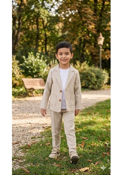 Baby Kids Colors Bej Renkli Çocuk Takım Elbise - Ceket, Pantolon Ve Basic Tişört Şık Ve Rahat
