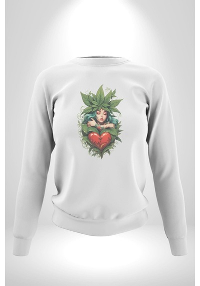 Kalp Parmak Kız Yeşillik Mutluluk Unisex Beyaz Baskılı Sweatshirt Beyaz
