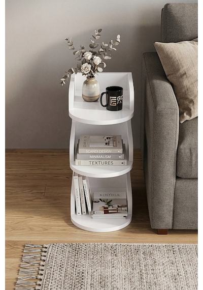 Yan Sehpa Modern 3 Katlı Kitaplıklı Çok Amaçlı Dekoratif Sehpa Minimal Tasarım 6103 Traverten Beyaz