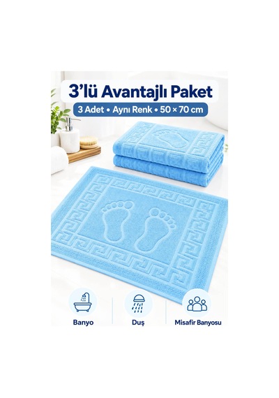 3'lü Banyo Ayak Havlusu 50x70 Cm 250 Gr Footera Mavi