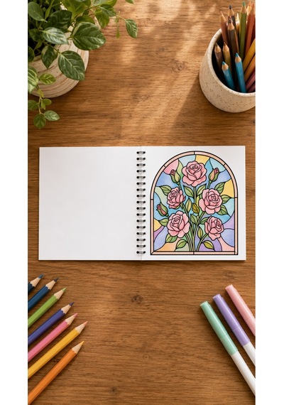 Stained Glass Vitray Flower Garden 20x20 Cm Büyük Boyama Kitabı, Çocuklar Ve Yetişkinler İçin