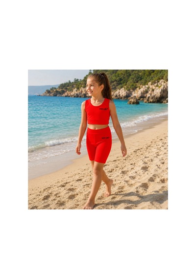 Rony Pony Kids Kız Çocuk Neon Kırmızı Crop Üst Ve Uzun Şortlu Mayo Takımı - 2 Parça