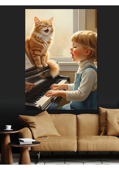 Ahşap Tablo Kedi Ve Kız Piyano Başında Dekoratif Tablolar
