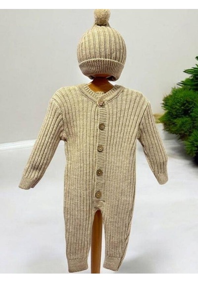 Cantoy Bebek Örgü Fitilli Bereli Kışlık Tulum-15298 Bej