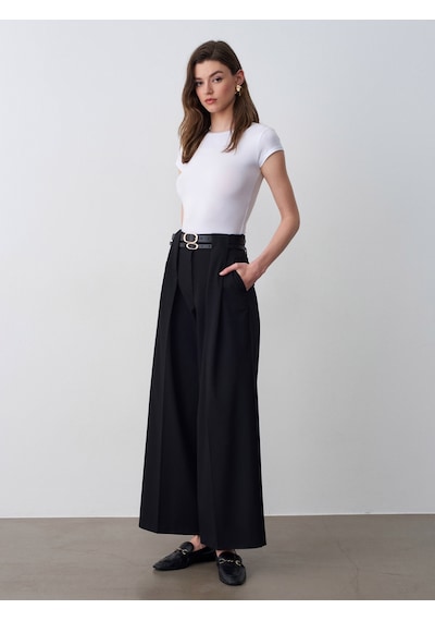 Dilvin 72670 Çift Kemerli Pileli Pantolon-siyah
