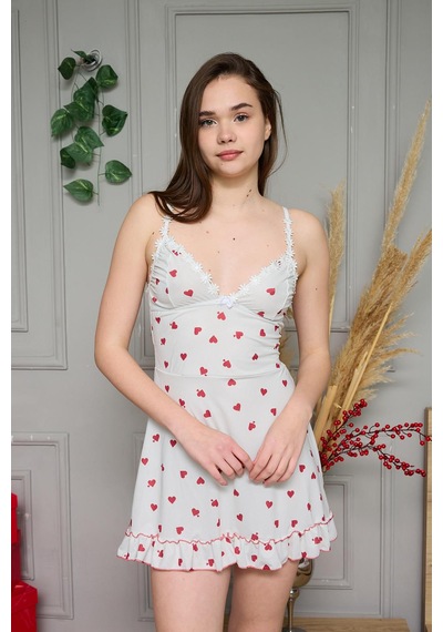 Eloria Fashion Kırmızı Kalp Baskılı Tangalı Gecelik , Kadın Elbise Gecelik Krem