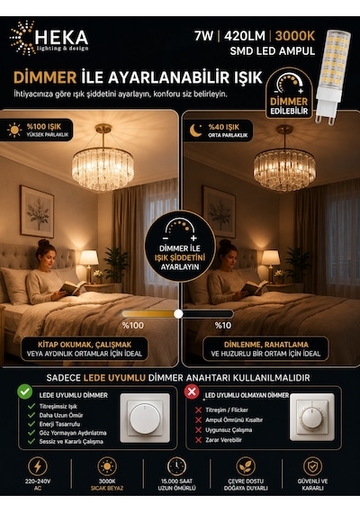 1 Adet Heka 7w Günışığı 3000k G9 Duylu Dim Edilebilir Led Kapsül Ampul