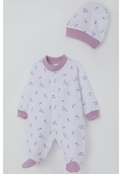 Breeze Kız Bebek Patikli Tulum Çiçek & Yazı Desenli 0-6 Ay, Beyaz