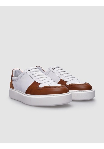 %100 Hakiki Deri Beyaz - Taba Bağcıklı Erkek Sneaker Beyaz