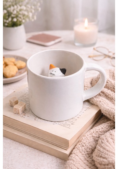 Sürpriz Kedi Figürlü Seramik Kahve Kupası Gizli Tasarım Mug Bardak Beyaz