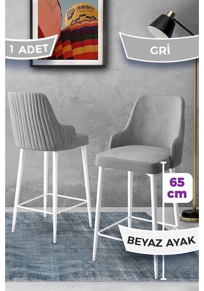 Canisa Tera Serisi 1 Adet 65 Cm Gri Ada Mutfak Bar Sandalyesi Babyface Kumaş Beyaz Metal Ayaklı Sandalyeler Gri Ayaklar Beyaz