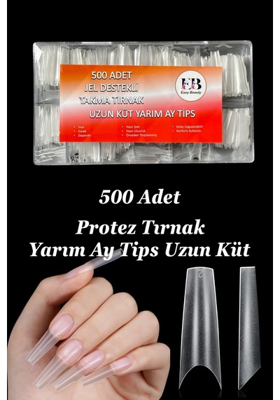 Protez Tırnak 500 Adet Jel Destekli Uzun Küt Yarım Ay Tips Özel Saklama Kutusunda Ekru
