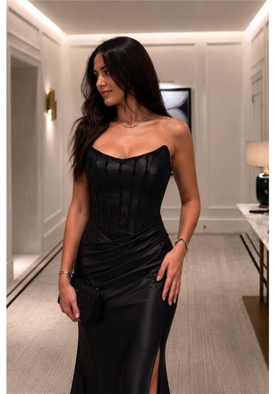 Lior Design Kadın İnce İşçilik Straplez Yırtmaçlı Abiye Elbise Siyah