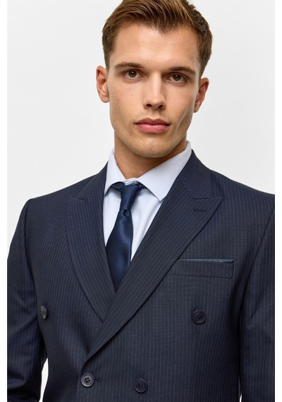 Süvari Lacivert Slim Çizgili Kruvaze Yaka 6 Drop Takım Elbise-38746 Lacivert