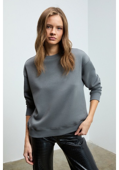 Grimelange Vaneltına Kadın Organik Pamuklu Yumuşacık İçi Polarlı Yuvarlak Yakalı Gri Sweatshirt Gri