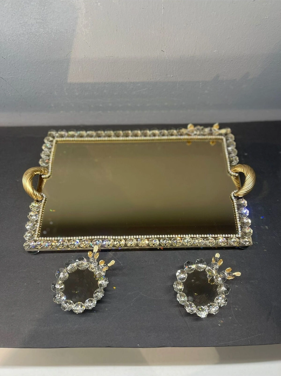 Dekoratif Kristal Cam Ayna Dikdörtgen Sunum Tepsisi Gold