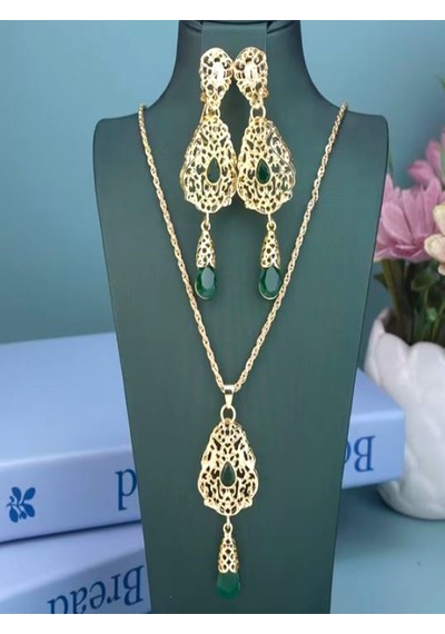 18k Altın Kaplama Renkli Taş İşlemeli Gözyaşı Tasarımlı Etnik Kolye Ve Küpe Set Haki