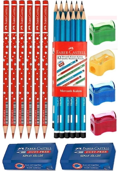 Siyah Kurşun Kalem 12 Adet Faber Castell Kırmızı Başlık Kalemi 6 Adet Sınav Silgisi 2 Adet Kalemtraş 4 Adet