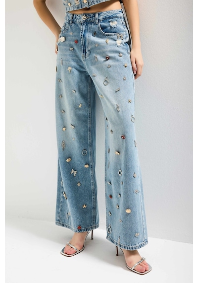 it's basic Kadın Kot Rengi 12s6-32 Mega Baggy Fit Özel Dikim Aksesuarlı Tasarım Denim Jean Mavi