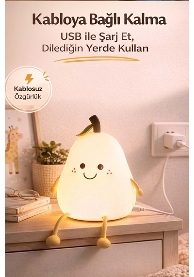 Sevimli Armut Tasarımlı Şarjlı Gece Lambası - 7 Renkli Rgb Dokunmatik Silikon Çocuk Odası Lambası Faroxtech