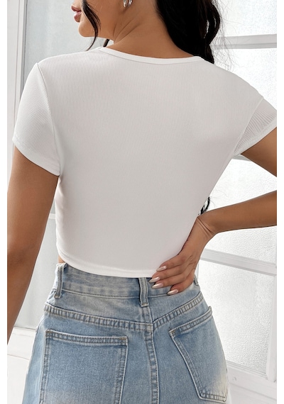 Fantezia Night Kadın Kahverengi Yarım Kol Düz Yaka Crop Top Bluz BEYAZ