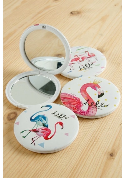 Flamingo Desenli Yuvarlak El Aynası Beyaz