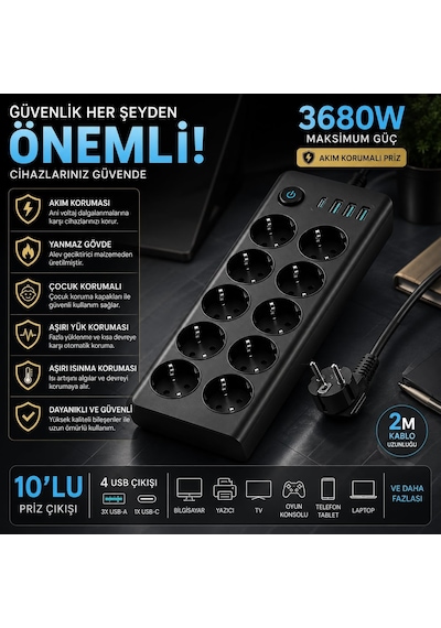 Smaylıng 10 Lu Akım Korumalı Priz 3680w 3 Usb-a + 1 Usb-c Girişli Çoklu Grup Priz Anahtarlı 2 Metre Uzatma Kablosu Çocuk Korumalı Çoklu Priz Siyah