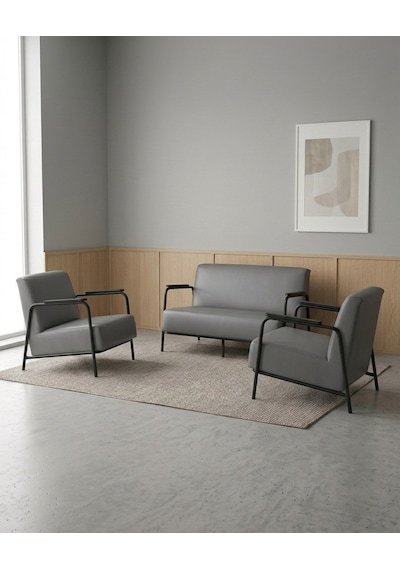 Atlas 2+1+1 Deri Ofis Modern Bekleme Koltuk Takımı Siyah Metal İskelet - Gri