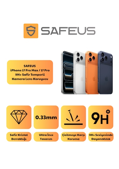 Safeus 9h+ Safir Temperli Kamera Lens Koruyucu Apple Uyumlu iPhone 17 Pro Max Ve İle Gümüş