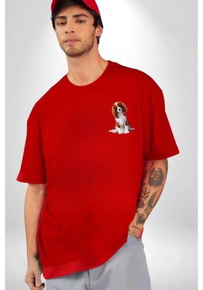 Cavailer King Charles Spaniel Karate Kırmızı Oversize Unisex Ön Ve Sırt Baskılı Tişört Kırmızı
