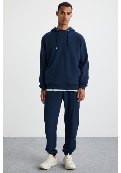 Grimelange Alessıo Erkek %100 Pamuk Kapüşonlu Kordon Detaylı Oversize Fit Lacivert Sweatshirt Lacivert