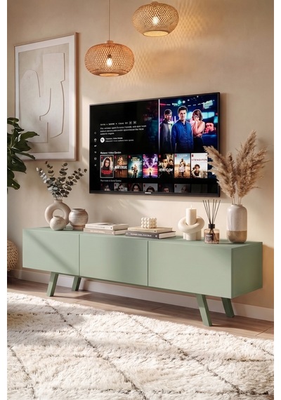 Robin Home Marlon Tv Ünitesi 3 Kapaklı 180cm Ahşap Ayaklı Ihlamur Yeşili Yeşil