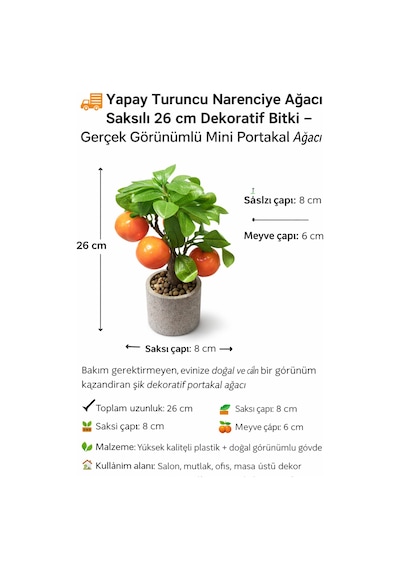 Yapay Mandalina Ağacı Saksılı 26 Cm Dekoratif Bitki Gerçek Görünümlü Mini Narenciye Ağacı